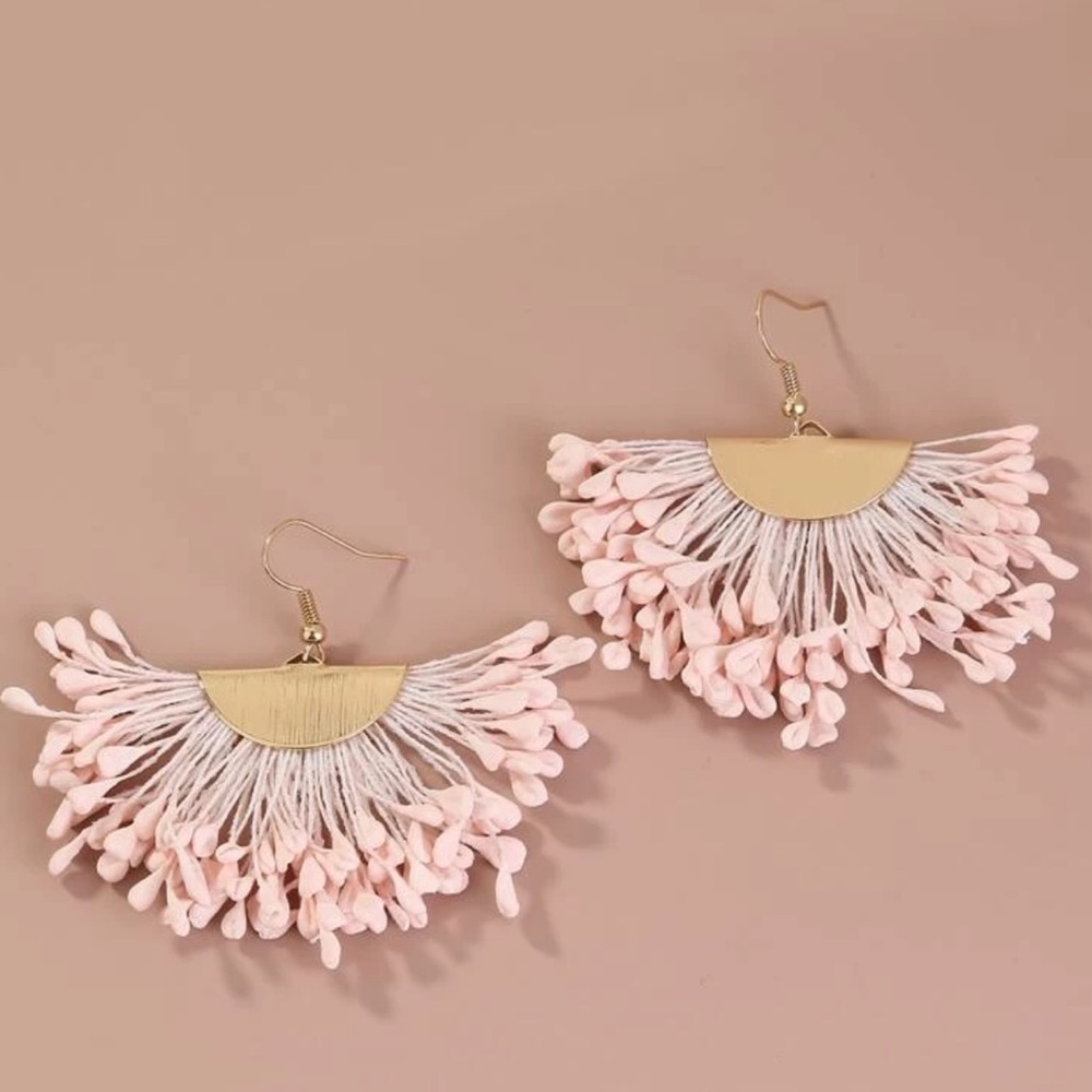 Pink Gold Fan Style Tassel Earrings